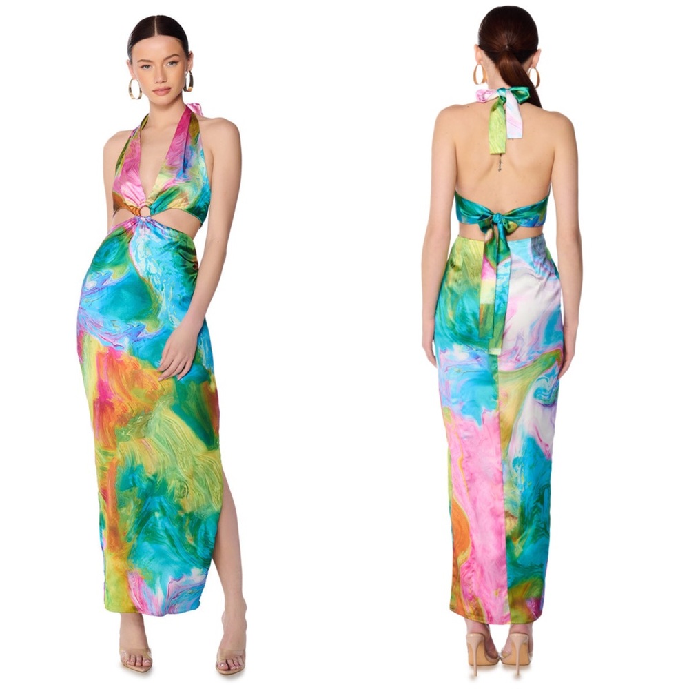 AKIRA Free Spirit Satin Maxi Dress Abstract Rainbow NWT Size Medium